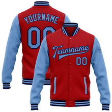 Load image into Gallery viewer, Custom Red Light Blue-Navy Bomber Full-Snap Varsity Letterman Two Tone Jacket
