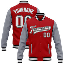 Загрузить изображение в средство просмотра галереи, Custom Red White Black-Gray Bomber Full-Snap Varsity Letterman Two Tone Jacket