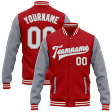 Load image into Gallery viewer, Custom Red White-Gray Bomber Full-Snap Varsity Letterman Two Tone Jacket
