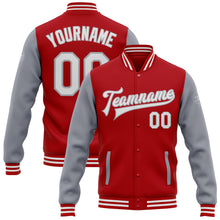 Charger l'image dans la galerie, Custom Red White-Gray Bomber Full-Snap Varsity Letterman Two Tone Jacket