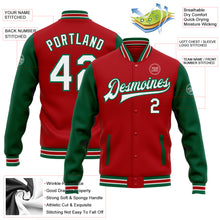 Загрузить изображение в средство просмотра галереи, Custom Red White-Kelly Green Bomber Full-Snap Varsity Letterman Two Tone Jacket