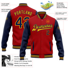 Загрузить изображение в средство просмотра галереи, Custom Red Navy-Gold Bomber Full-Snap Varsity Letterman Two Tone Jacket
