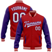 Laden Sie das Bild in den Galerie-Viewer, Custom Red White-Purple Bomber Full-Snap Varsity Letterman Two Tone Jacket