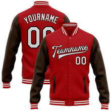 Charger l'image dans la galerie, Custom Red White-Brown Bomber Full-Snap Varsity Letterman Two Tone Jacket