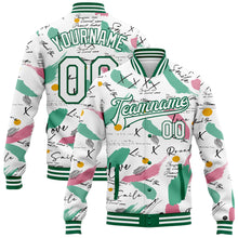 Load image into Gallery viewer, Custom Graffiti Pattern White-Kelly Green Grunge Art 3D Bomber Full-Snap Varsity Letterman Jacket