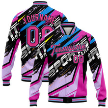 Load image into Gallery viewer, Custom Graffiti Pattern Pink Black-Light Blue Sports 3D Bomber Full-Snap Varsity Letterman Jacket