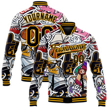 Load image into Gallery viewer, Custom Graffiti Pattern Black-Gold Vintage College Colorful Art 3D Bomber Full-Snap Varsity Letterman Jacket
