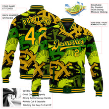 Load image into Gallery viewer, Custom Graffiti Pattern Gold-Green Grunge Art With Dinosaur And Words 3D Bomber Full-Snap Varsity Letterman Jacket