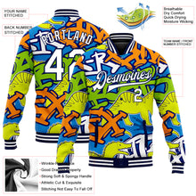 Load image into Gallery viewer, Custom Graffiti Pattern White-Navy Grunge Art With Dinosaur And Words 3D Bomber Full-Snap Varsity Letterman Jacket