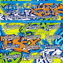 Load image into Gallery viewer, Custom Graffiti Pattern White-Navy Grunge Art With Dinosaur And Words 3D Bomber Full-Snap Varsity Letterman Jacket