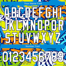 Load image into Gallery viewer, Custom Graffiti Pattern White-Navy Grunge Art With Dinosaur And Words 3D Bomber Full-Snap Varsity Letterman Jacket