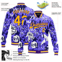 Load image into Gallery viewer, Custom Graffiti Pattern Gold-Purple Grunge Street Art 3D Bomber Full-Snap Varsity Letterman Jacket