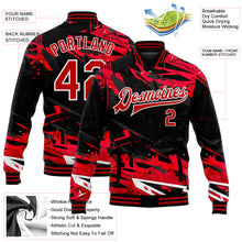 Загрузить изображение в средство просмотра галереи, Custom Graffiti Pattern Red-White Dark Black Abstract Urban Street Art 3D Bomber Full-Snap Varsity Letterman Jacket