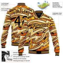 Load image into Gallery viewer, Custom Graffiti Pattern Black-Gold Bright Colored Funky Abstract Arrows 3D Bomber Full-Snap Varsity Letterman Jacket