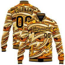 Load image into Gallery viewer, Custom Graffiti Pattern Black-Gold Bright Colored Funky Abstract Arrows 3D Bomber Full-Snap Varsity Letterman Jacket

