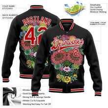 Load image into Gallery viewer, Custom Black Red-White Skull With Flowers 3D Bomber Full-Snap Varsity Letterman Jacket