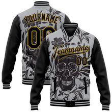 Load image into Gallery viewer, Custom Gray Black-Old Gold Skull With Flowers 3D Bomber Full-Snap Varsity Letterman Two Tone Jacket