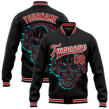Load image into Gallery viewer, Custom Black Red-White Skull With Headphones 3D Bomber Full-Snap Varsity Letterman Jacket