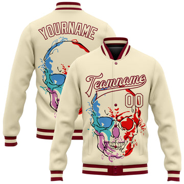 Custom Cream Maroon Skull Fashion 3D Bomber Full-Snap Varsity Letterman Jacket