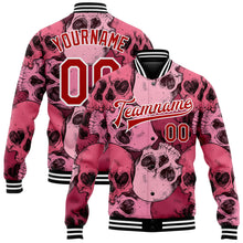 Load image into Gallery viewer, Custom Pink Red-White Skull With Heart Shaped Eyes 3D Bomber Full-Snap Varsity Letterman Jacket