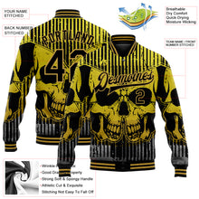 Load image into Gallery viewer, Custom Black Old Gold Skull With Butterfly 3D Bomber Full-Snap Varsity Letterman Jacket