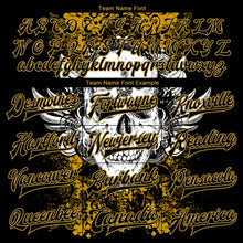 Load image into Gallery viewer, Custom Black Old Gold Skull With Wing 3D Bomber Full-Snap Varsity Letterman Jacket