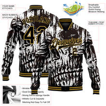 Load image into Gallery viewer, Custom Black Old Gold Skull Fashion 3D Bomber Full-Snap Varsity Letterman Jacket