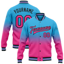 Charger l'image dans la galerie, Custom Sky Blue Pink-Black Bomber Full-Snap Varsity Letterman Fade Fashion Jacket