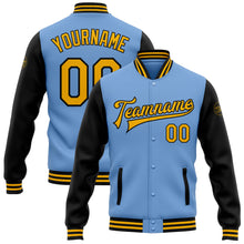 Load image into Gallery viewer, Custom Light Blue Gold-Black Bomber Full-Snap Varsity Letterman Two Tone Jacket