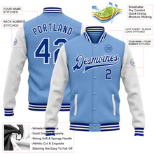 Загрузить изображение в средство просмотра галереи, Custom Light Blue Royal-White Bomber Full-Snap Varsity Letterman Two Tone Jacket