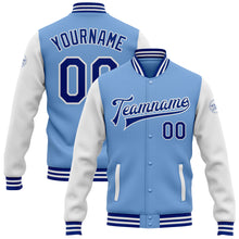 Загрузить изображение в средство просмотра галереи, Custom Light Blue Royal-White Bomber Full-Snap Varsity Letterman Two Tone Jacket