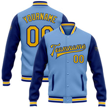 Load image into Gallery viewer, Custom Light Blue Yellow-Royal Bomber Full-Snap Varsity Letterman Two Tone Jacket