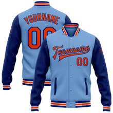 Load image into Gallery viewer, Custom Light Blue Orange-Royal Bomber Full-Snap Varsity Letterman Two Tone Jacket