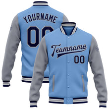 Load image into Gallery viewer, Custom Light Blue Navy-Gray Bomber Full-Snap Varsity Letterman Two Tone Jacket