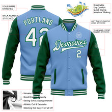Load image into Gallery viewer, Custom Light Blue White-Kelly Green Bomber Full-Snap Varsity Letterman Two Tone Jacket