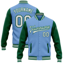 Load image into Gallery viewer, Custom Light Blue White-Kelly Green Bomber Full-Snap Varsity Letterman Two Tone Jacket