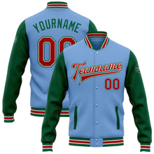 Load image into Gallery viewer, Custom Light Blue Red-Kelly Green Bomber Full-Snap Varsity Letterman Two Tone Jacket
