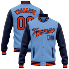 Load image into Gallery viewer, Custom Light Blue Orange-Navy Bomber Full-Snap Varsity Letterman Two Tone Jacket