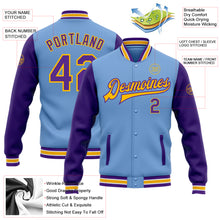 Load image into Gallery viewer, Custom Light Blue Purple-Gold Bomber Full-Snap Varsity Letterman Two Tone Jacket