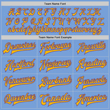 Load image into Gallery viewer, Custom Light Blue Purple-Gold Bomber Full-Snap Varsity Letterman Two Tone Jacket