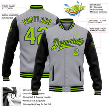 Charger l'image dans la galerie, Custom Gray Neon Green-Black Bomber Full-Snap Varsity Letterman Two Tone Jacket