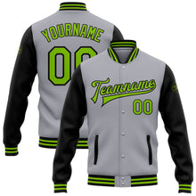 Charger l'image dans la galerie, Custom Gray Neon Green-Black Bomber Full-Snap Varsity Letterman Two Tone Jacket