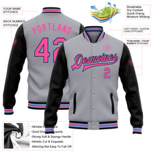 Charger l'image dans la galerie, Custom Gray Pink Black-Light Blue Bomber Full-Snap Varsity Letterman Two Tone Jacket