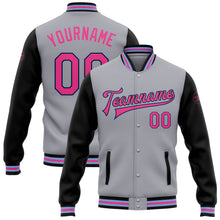 Charger l'image dans la galerie, Custom Gray Pink Black-Light Blue Bomber Full-Snap Varsity Letterman Two Tone Jacket
