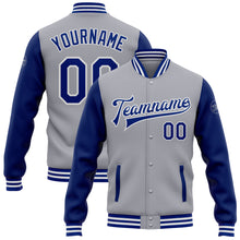 Загрузить изображение в средство просмотра галереи, Custom Gray Royal-White Bomber Full-Snap Varsity Letterman Two Tone Jacket