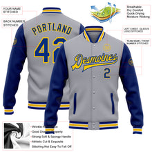 Загрузить изображение в средство просмотра галереи, Custom Gray Royal-Yellow Bomber Full-Snap Varsity Letterman Two Tone Jacket