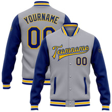 Загрузить изображение в средство просмотра галереи, Custom Gray Royal-Yellow Bomber Full-Snap Varsity Letterman Two Tone Jacket