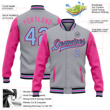 Laden Sie das Bild in den Galerie-Viewer, Custom Gray Light Blue Black-Pink Bomber Full-Snap Varsity Letterman Two Tone Jacket