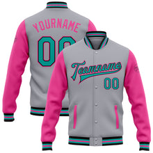 Загрузить изображение в средство просмотра галереи, Custom Gray Aqua Black-Pink Bomber Full-Snap Varsity Letterman Two Tone Jacket