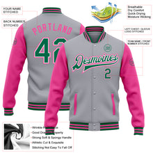 Laden Sie das Bild in den Galerie-Viewer, Custom Gray Kelly Green White-Pink Bomber Full-Snap Varsity Letterman Two Tone Jacket
